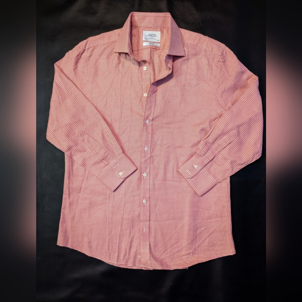 Charles Tyrwhitt, Red/White Herringbone Button-Up, Size 16 1/2, NWOT, Hemmed.